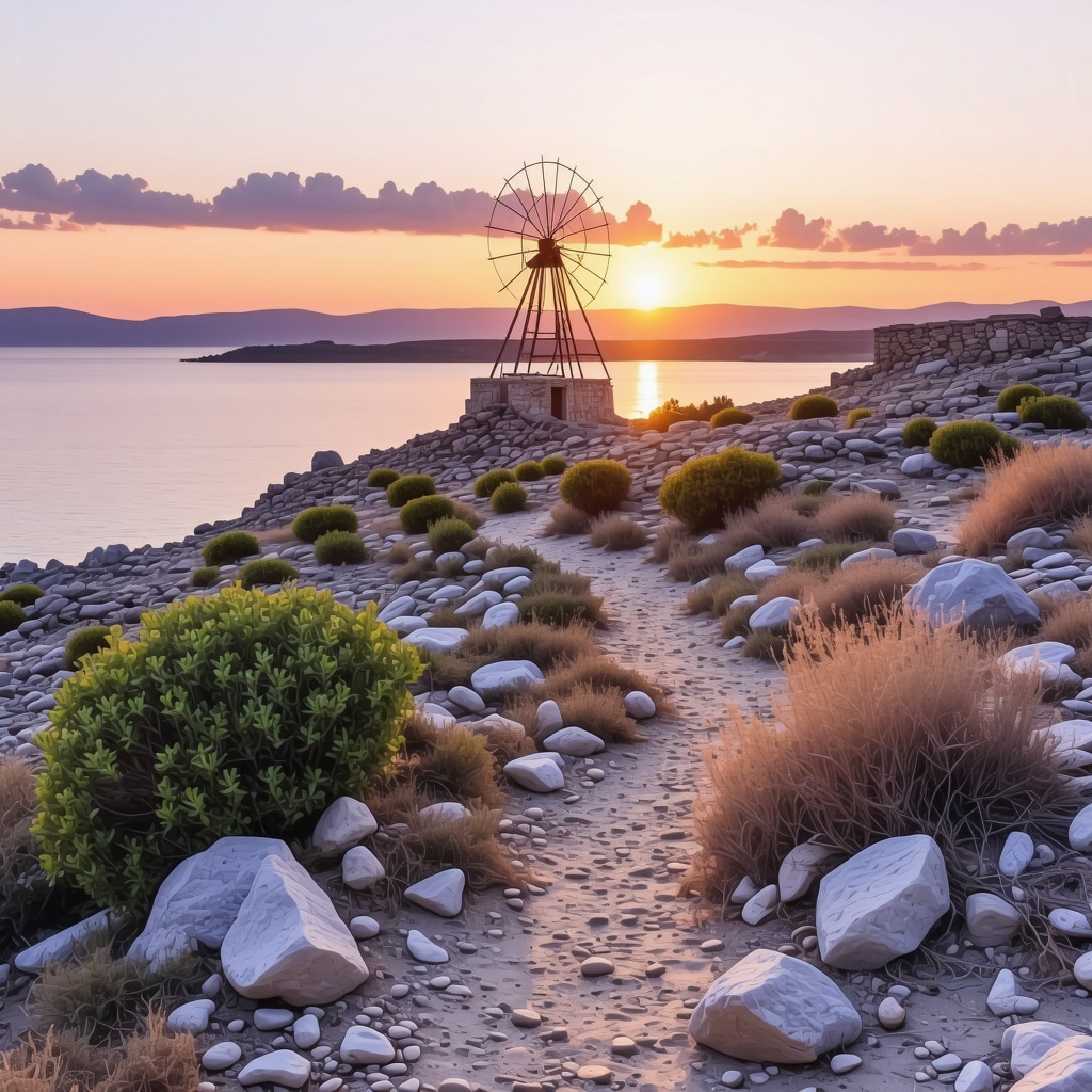 Sunrise illuminating Agios Sostis beach and ancient windmill ruins surrounded by lush nature in Mikonos