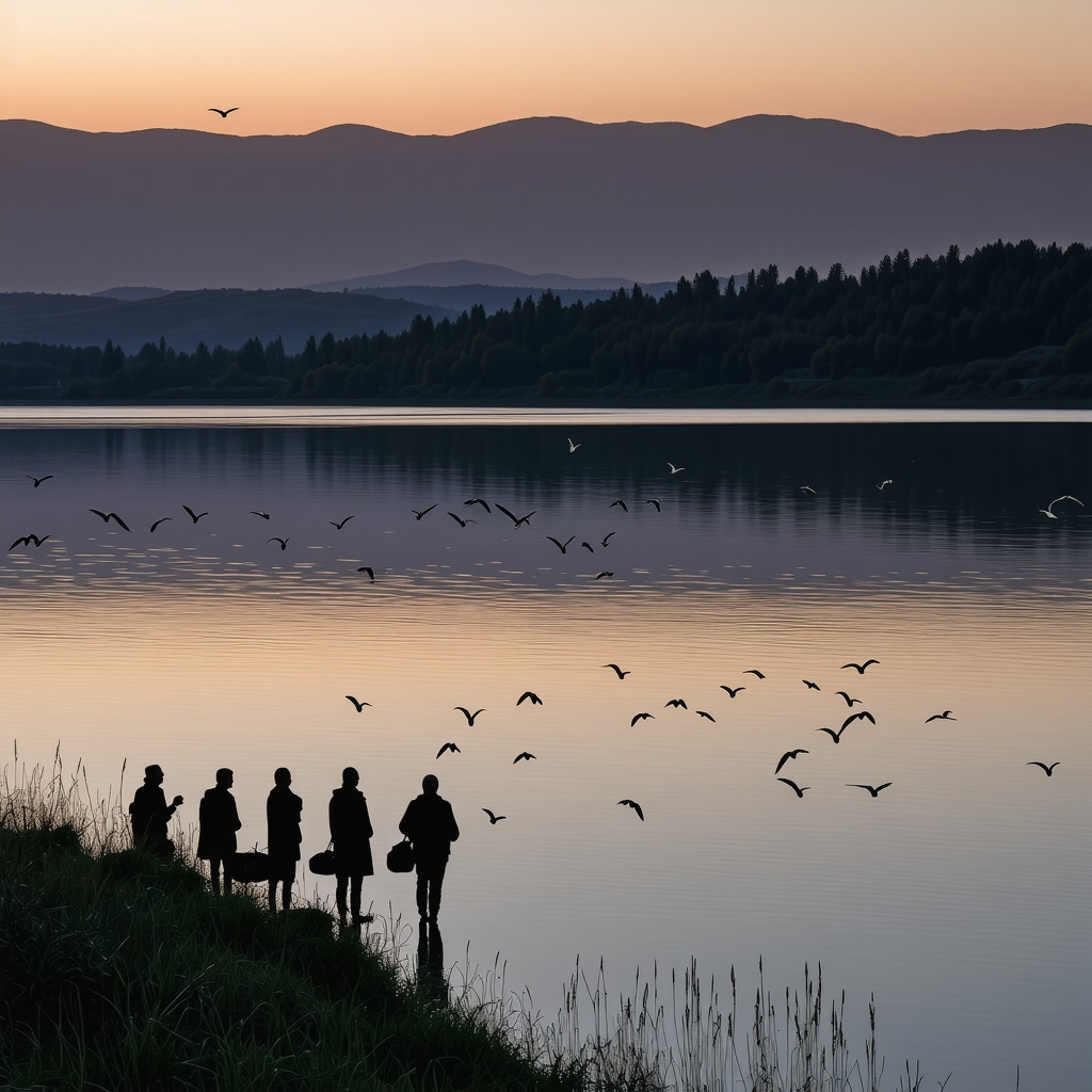 Sunrise over Gevgelija Lake featuring birds in flight and local villagers by the shore