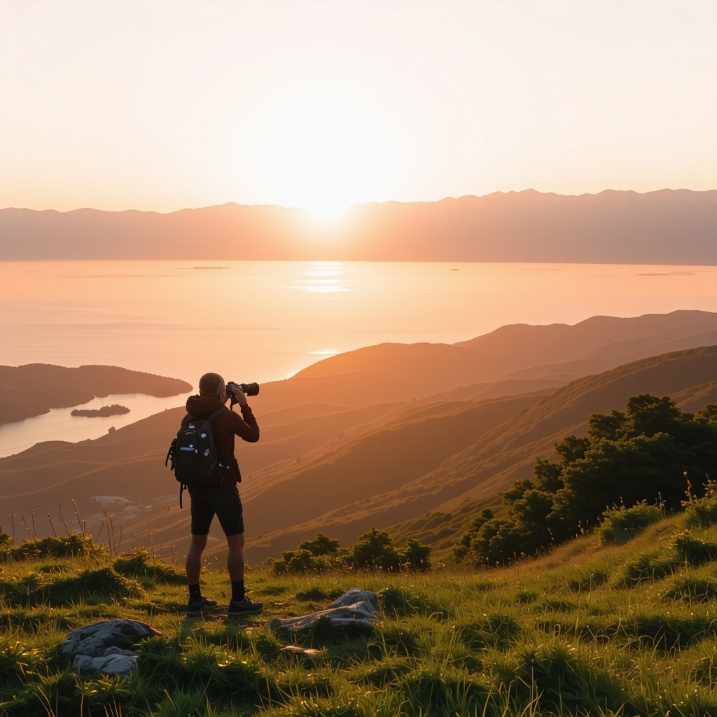 Sunrise over mountains and Adriatic Sea from Jezerski vrh with a hiker taking photos