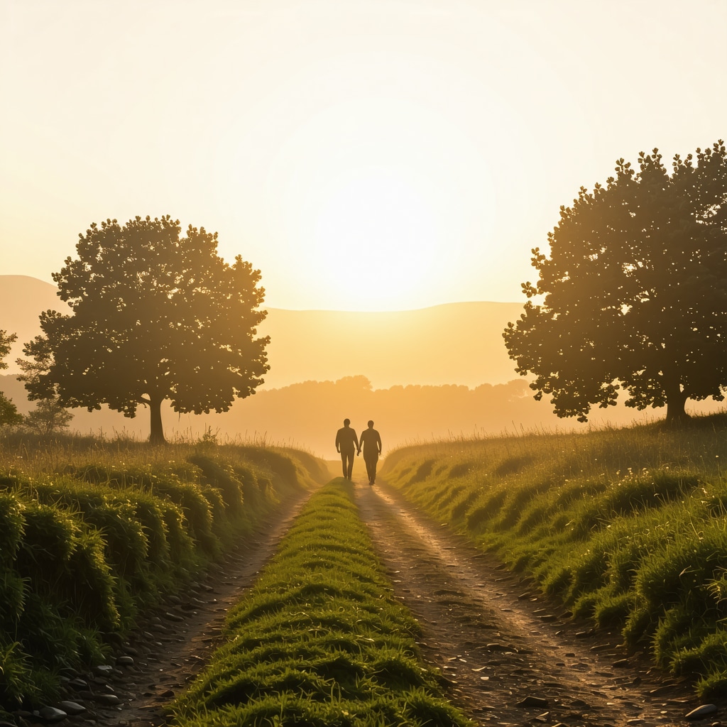 Sunrise view of nature trails and pilgrims walking on Križevac Hill in Međugorje