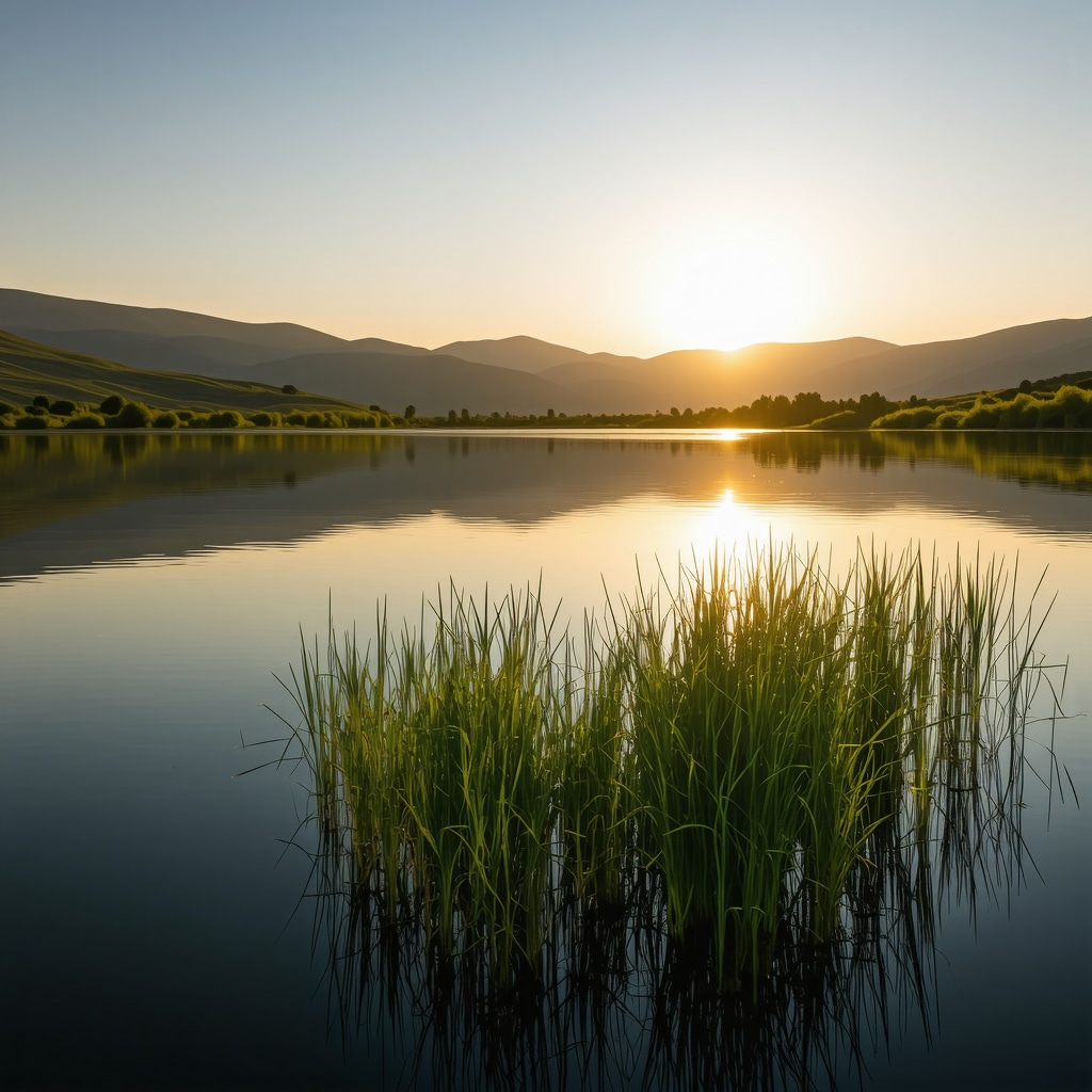 Sunrise over calm Gevgelija Lake with green reeds and mountains in the background