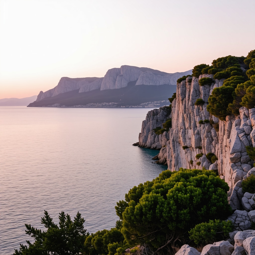 Serene sunrise view of Makarska coastline with calm sea, rocky cliffs, and greenery