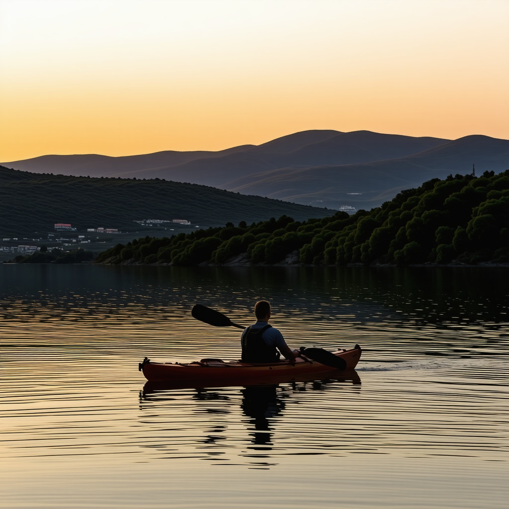Sunrise view of Ohrid Lake in Pogradec with kayaker and lush green hills reflecting on calm water