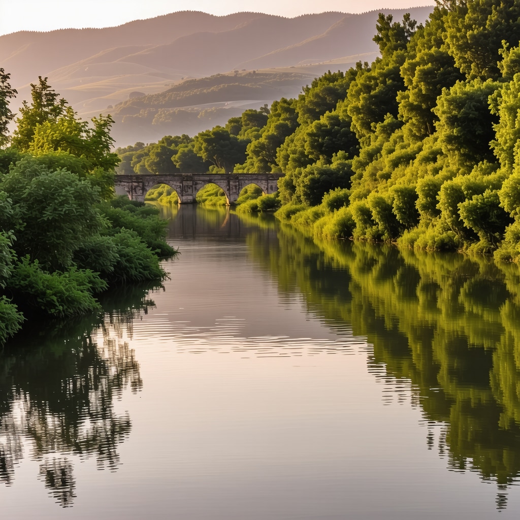 Sunrise view of Osum River with ancient stone bridges and green landscape in Berat