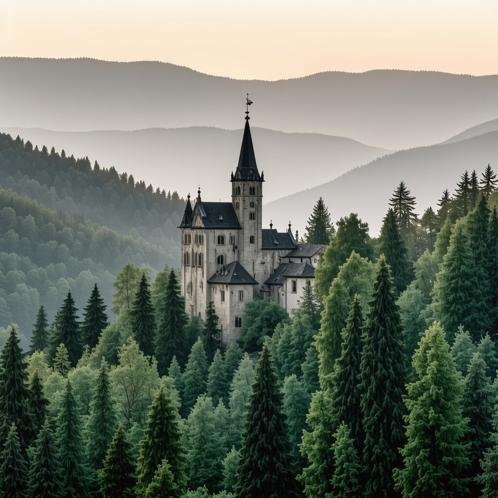 Sunrise illuminating Sinaia Castle with surrounding lush forest and mountains