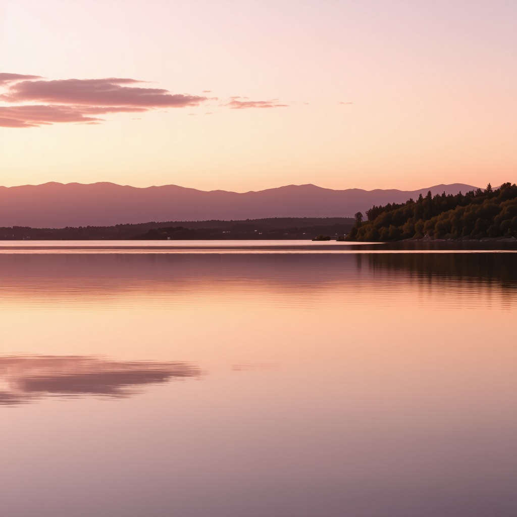 Sunrise reflecting on calm Struga Lake surrounded by greenery and mountains