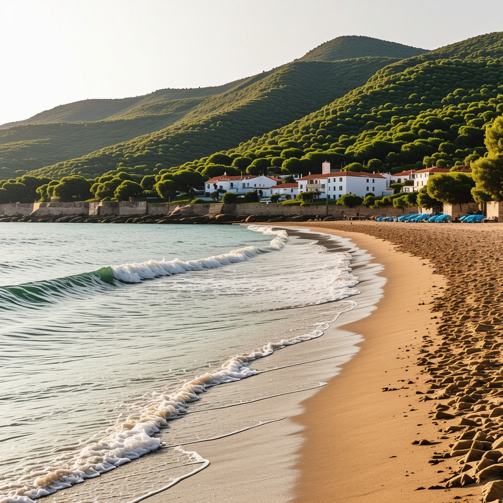 Sunrise illuminating the golden sands of Velika Plaza beach with green hills in the background