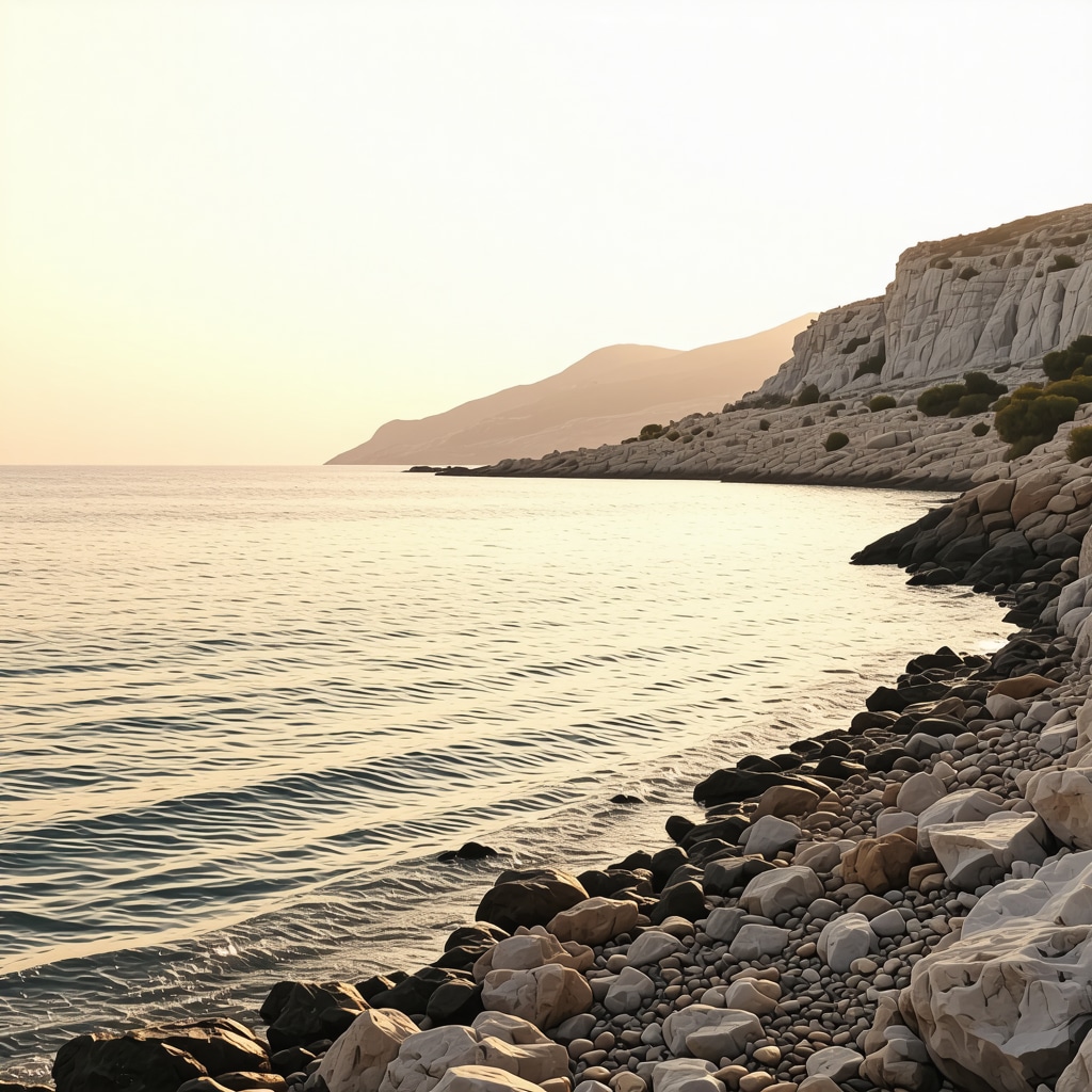 Serene sunrise at a quiet cove on Pag Island with calm sea and rocky shore