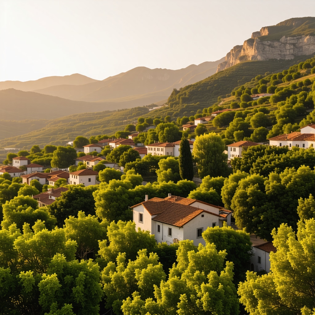 Panoramic sunrise view of Berat city showcasing historic Ottoman houses and Tomorr Mountain