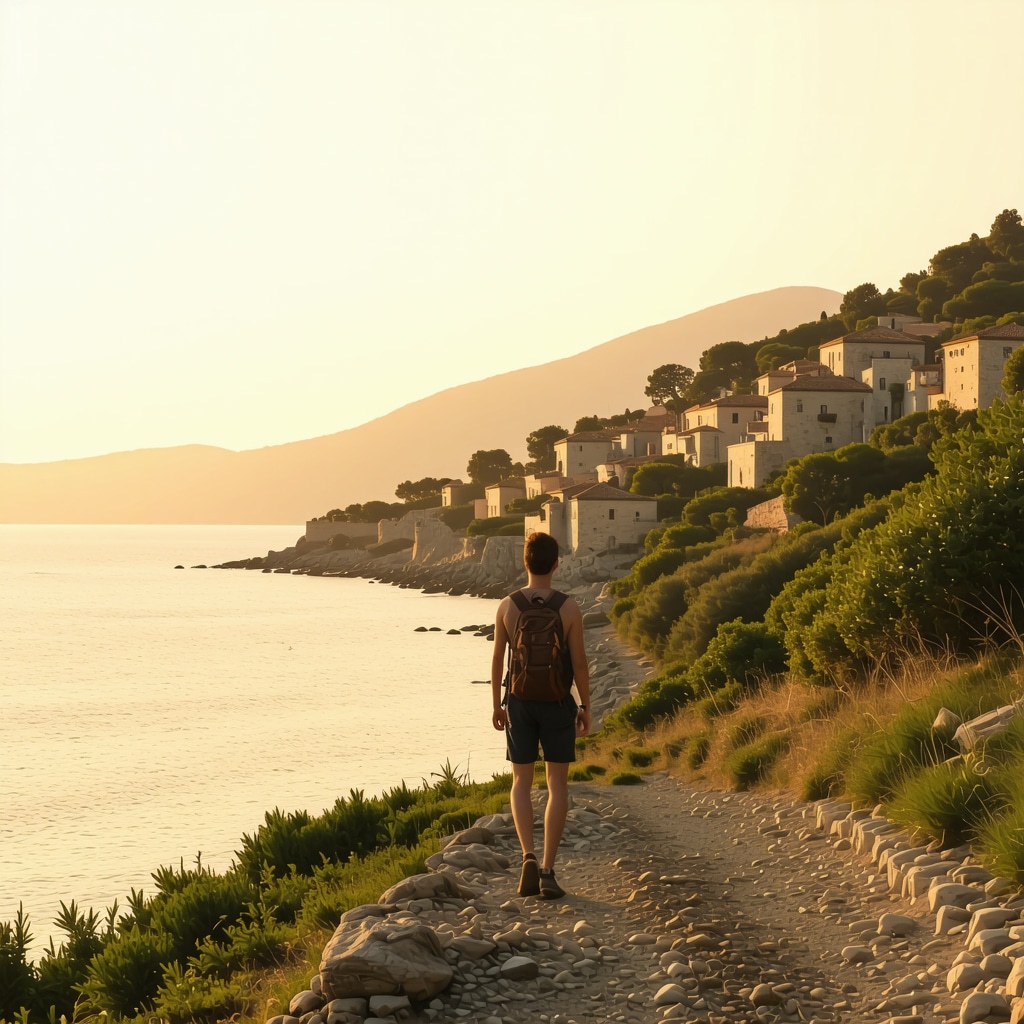 Hiker enjoying sunset coastal view with historic stone houses in Koper