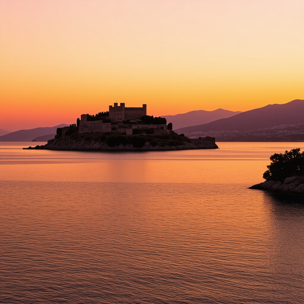Sunset view of Nafplio Castle with orange and pink sky over sea and coastal greenery