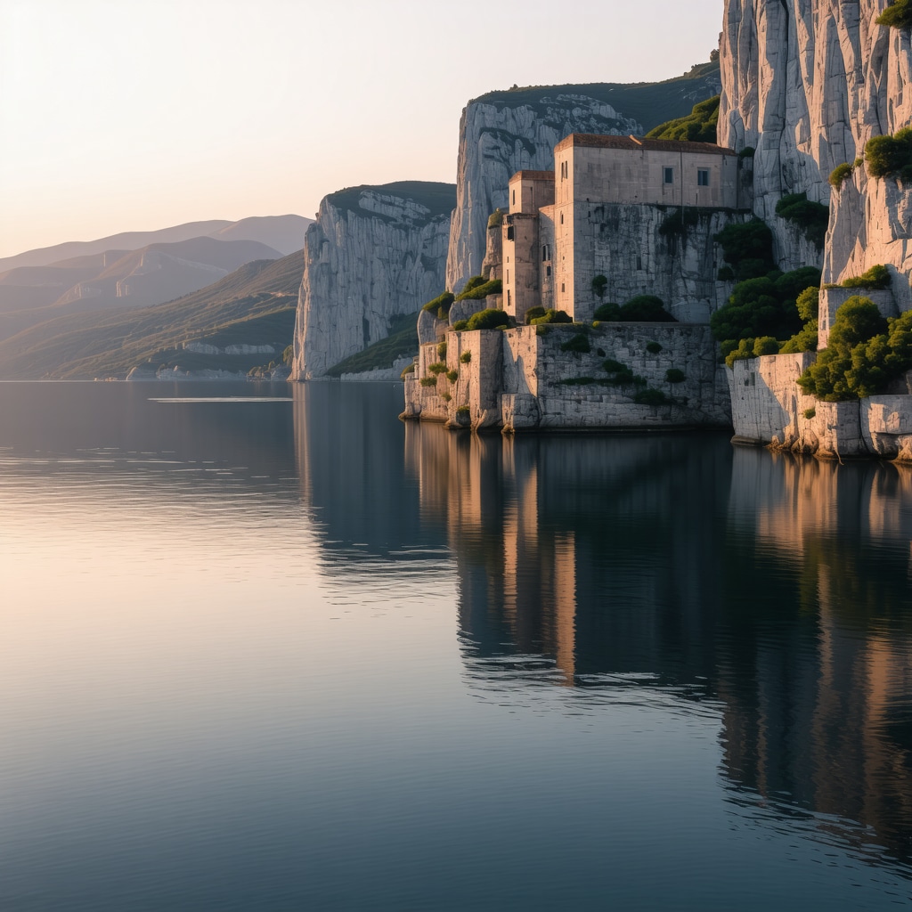 Sunset view of Omiš canyon featuring medieval castles and Adriatic sea