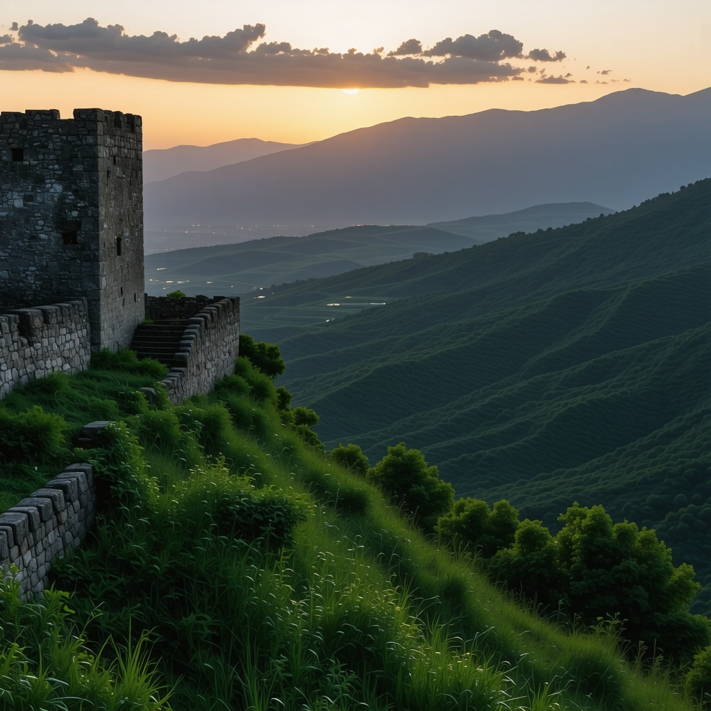 Gjirokastër Castle at sunset with stone walls and green valleys