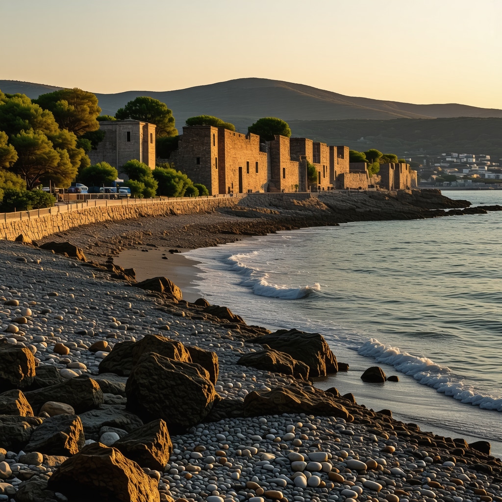 Panoramic sunset view of Ulcinj's Long Beach featuring natural scenery and historic stone structures