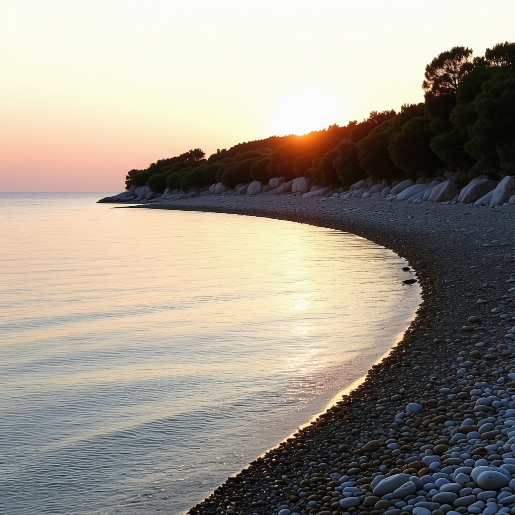 Sunset over calm sea and natural landscape in Biograd na Moru