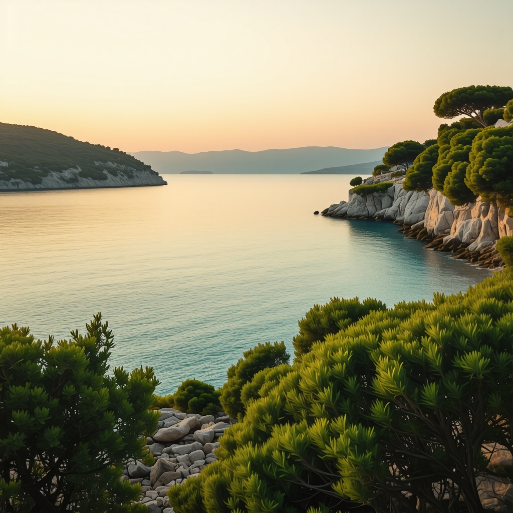 Sunset over a tranquil cove with turquoise water and green rocky shores on Brač Island