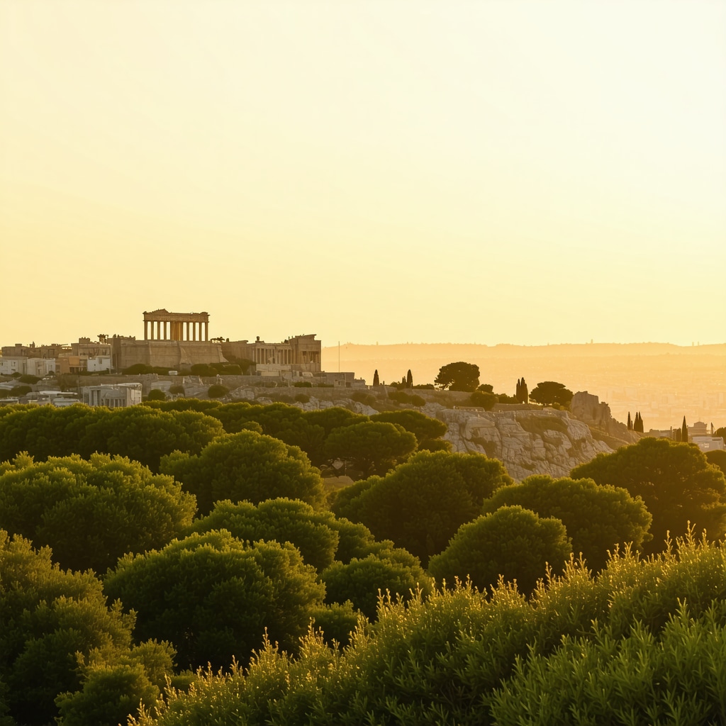 Sunset panorama of Athens from Filopappou Hill showing ancient ruins and greenery
