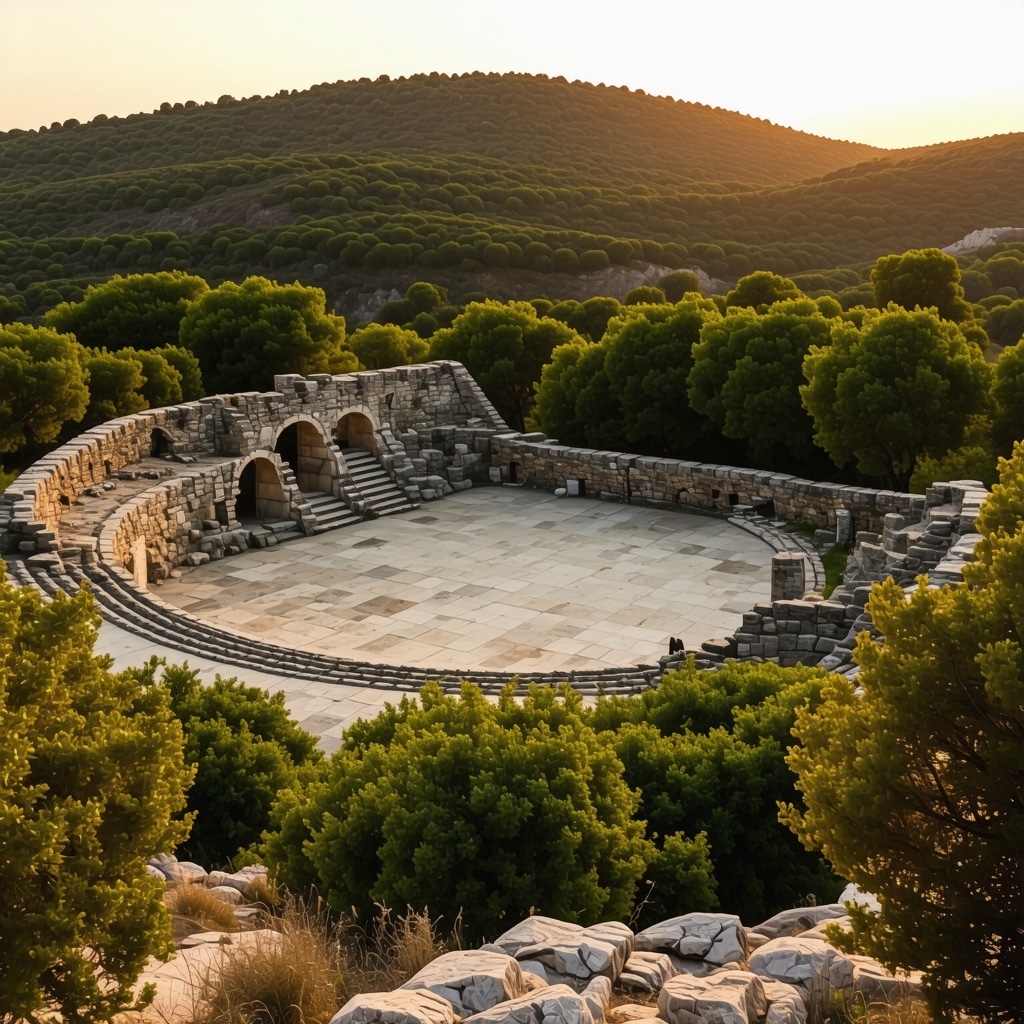 Sunset view of Apollonia Ancient Theatre blending ancient ruins with natural greenery