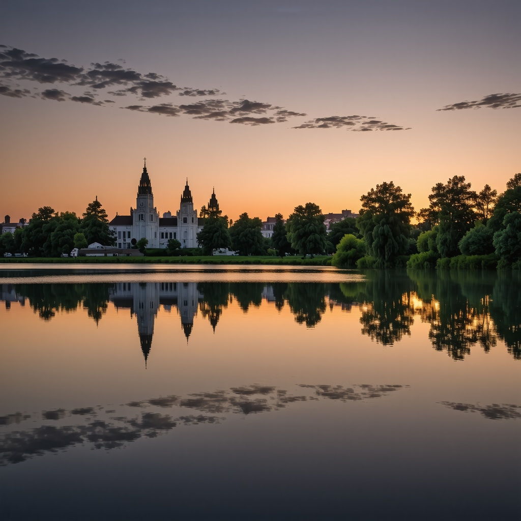 Sunset view of Herastrau Lake surrounded by historic monuments and lush green trees in Bucharest