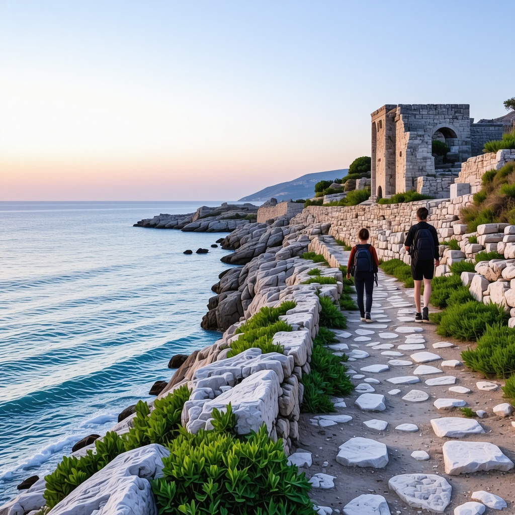 Hiker walking along a coastal trail in Split with sea view and ancient Roman ruins at sunset