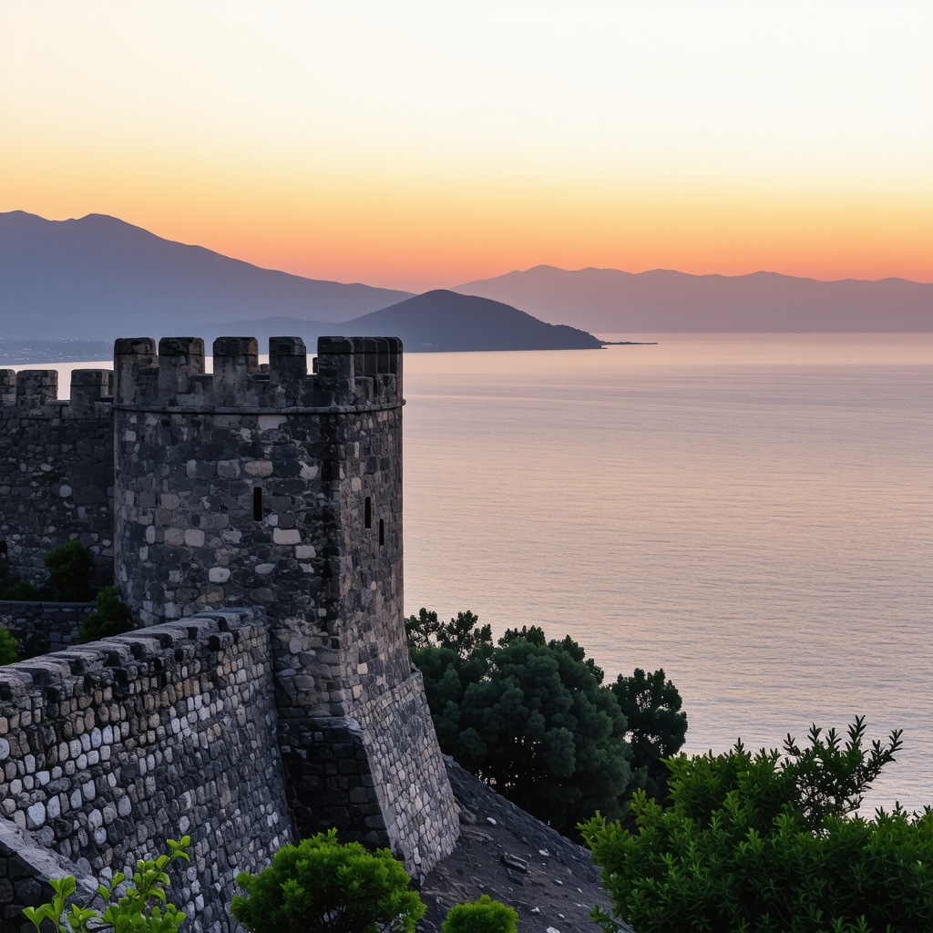 Sunset over Nafplio Castle showing sea, coastline, and ancient walls surrounded by greenery