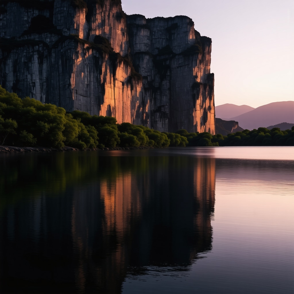 Sunset reflecting on water and cliffs in Matka Canyon
