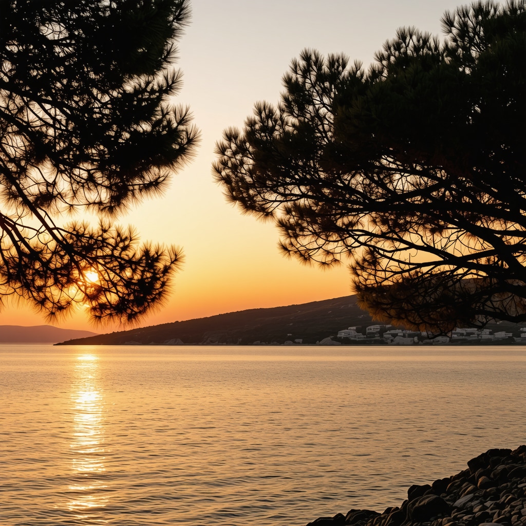 Sunset view on Milna Bay with calm sea and pine tree silhouettes on Brač Island