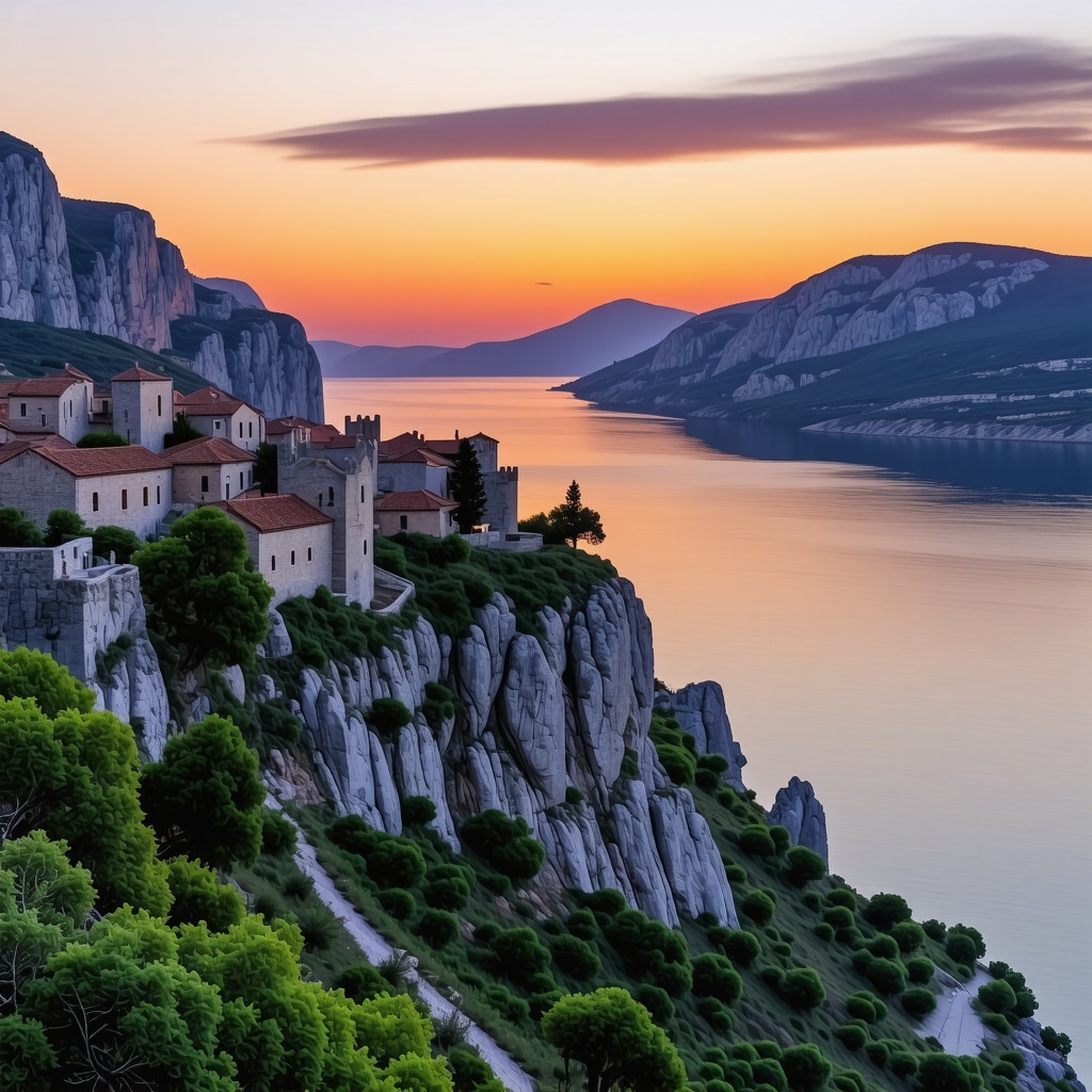 Dramatic sunset illuminating Omiš's medieval castles and winding canyon with Adriatic Sea in background