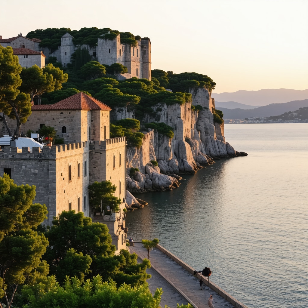 Panoramic sunset view of Split city featuring Diocletianus Palace, Marjan Hill greenery, and Adriatic Sea coastline