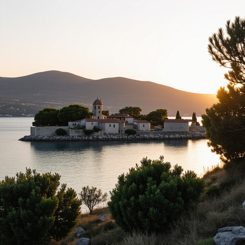 Korčula Island sunset with olive trees and stone houses