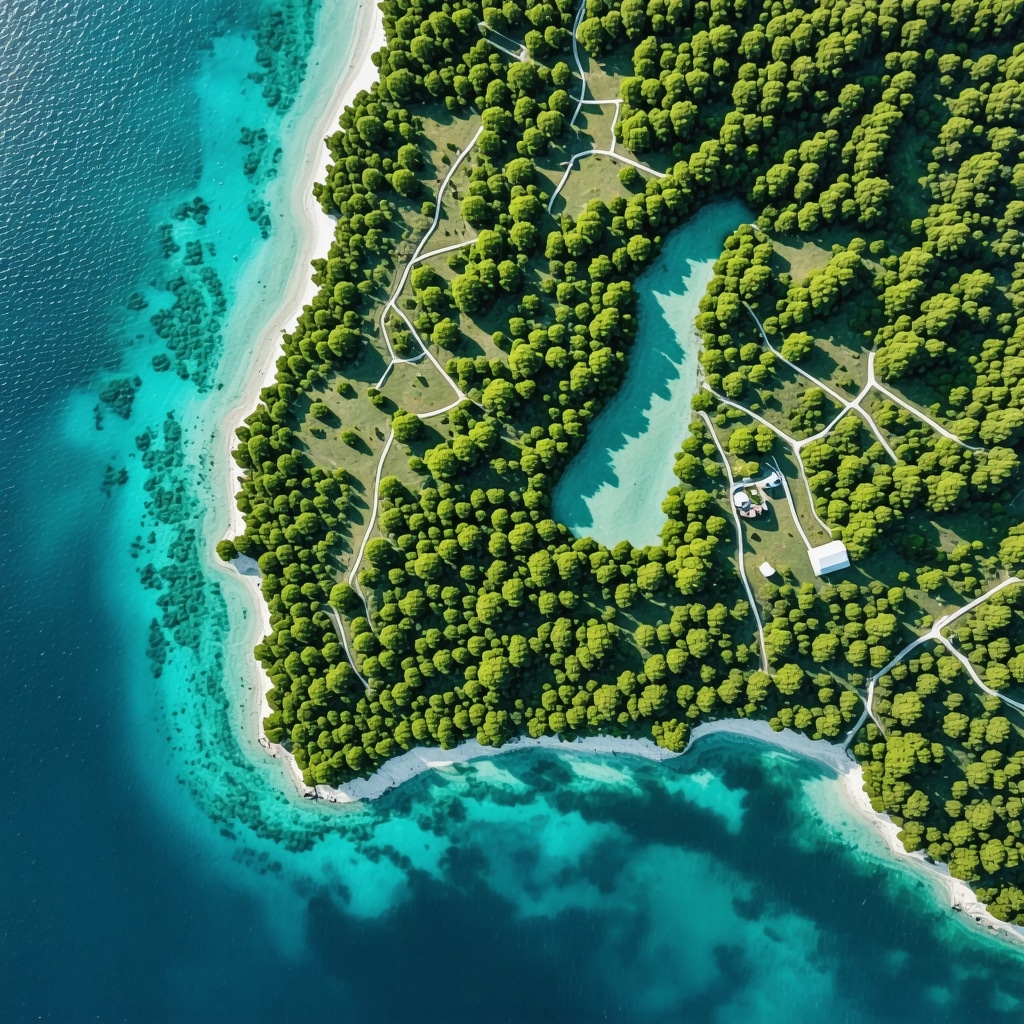 Brač Adası'nın sürdürülebilir turizm ve doğa yönetimi için dijital teknolojilerle entegre edilmiş doğal alanların havadan görünümü