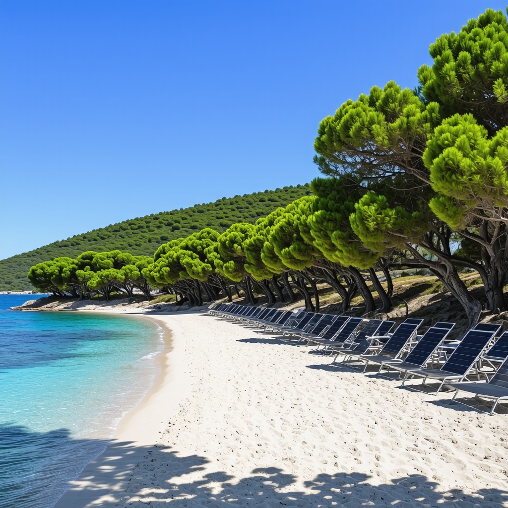Solar-powered beach facilities with pine forest and Adriatic Sea in Biograd na Moru