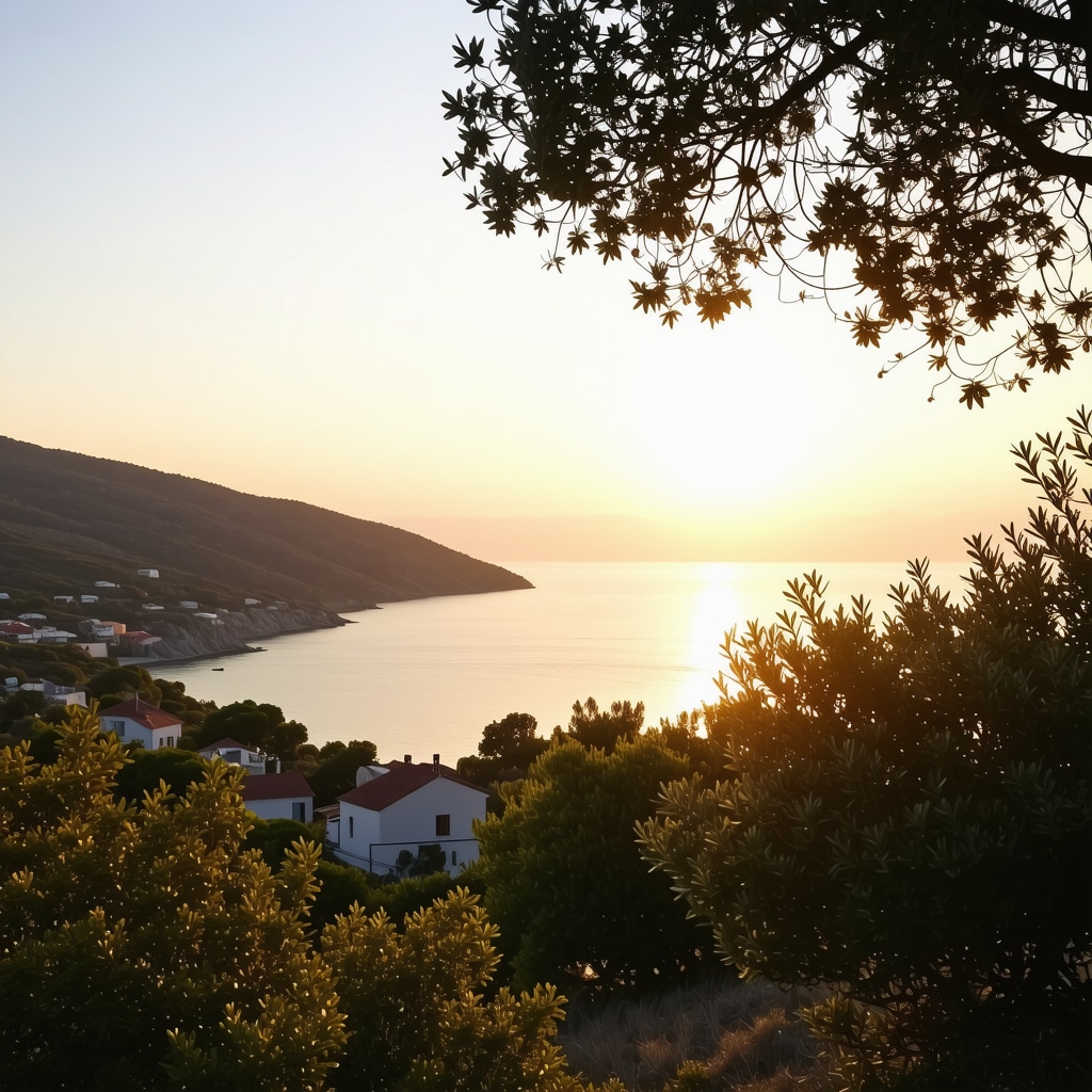 Eco-friendly homes on Lastovo island coast surrounded by greenery and blue sea at sunset