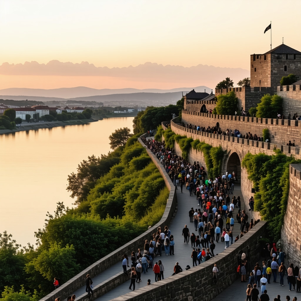 Panoramic view of Petrovaradin Fortress with eco-friendly festival decorations and visitors by the Danube River at sunset