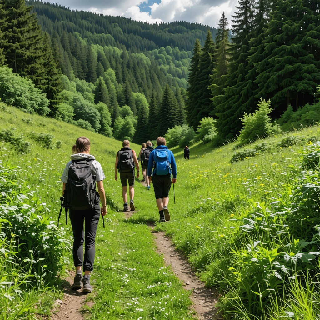 Hikers on eco-friendly trails in Gostivar surrounded by lush forests and wildlife with sustainable tourism signs