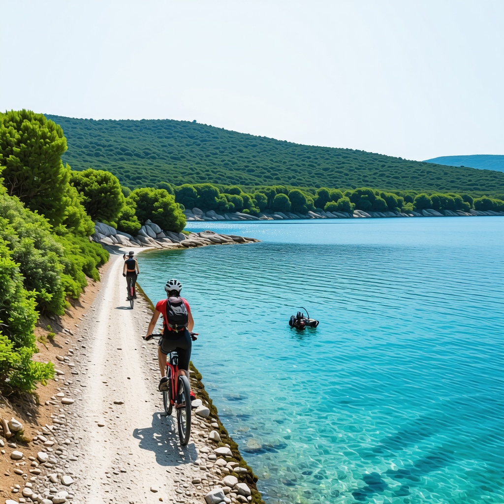 Cyclists on eco-friendly trails and divers practicing sustainable diving in Biograd na Moru with lush forest backdrop
