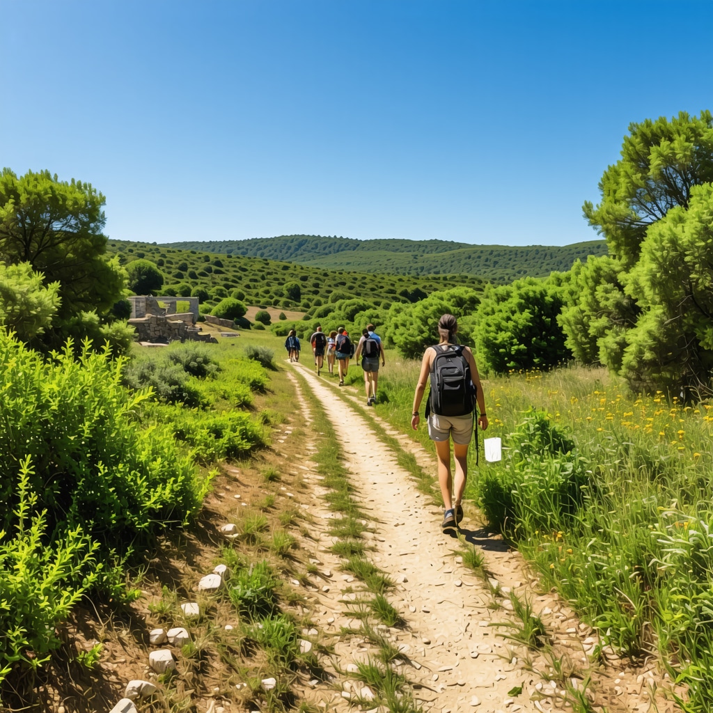 Hikers on a scenic sustainable nature trail surrounded by greenery and historic ruins near Thessaloniki
