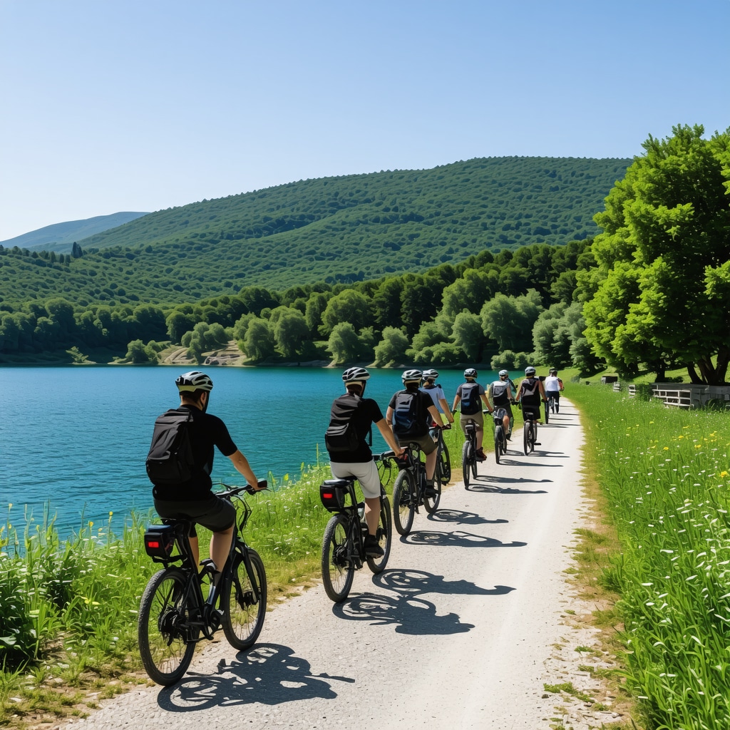 Tourists on electric bicycles exploring ancient ruins near Lake Ohrid surrounded by lush nature