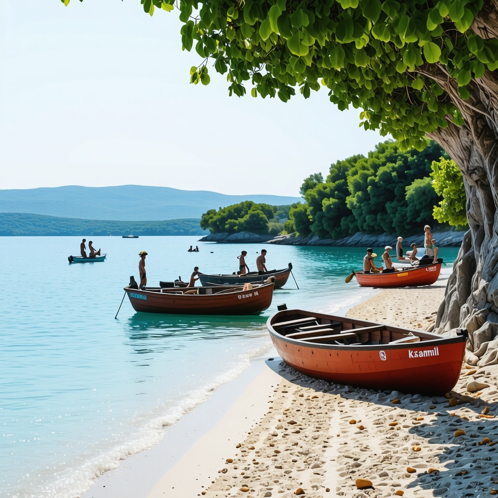 Pristine Ksamil coastline with fishermen's boats, lush greenery, and tourists engaging in eco-friendly activities
