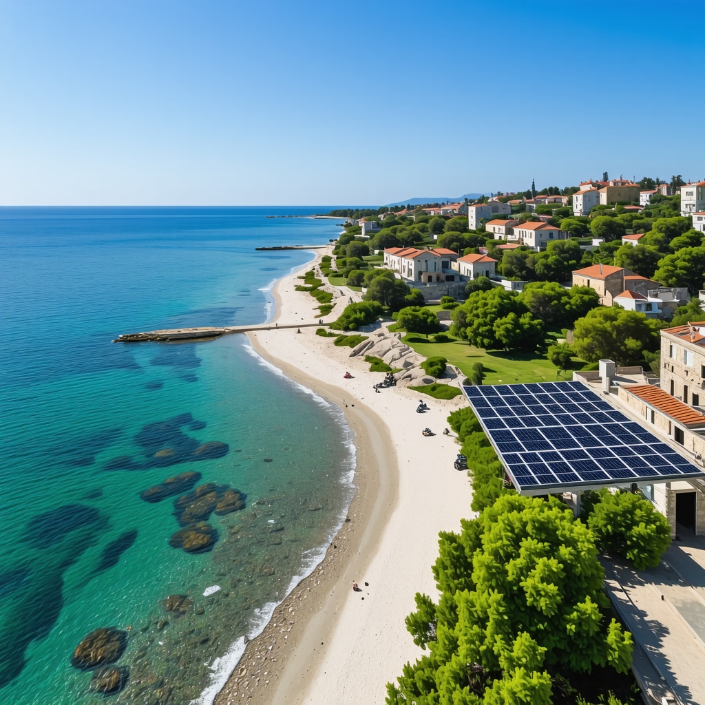 Aerial image of Constanta's coastline featuring eco-friendly resorts, solar panels, electric bikes, natural landscapes, and ancient ruins