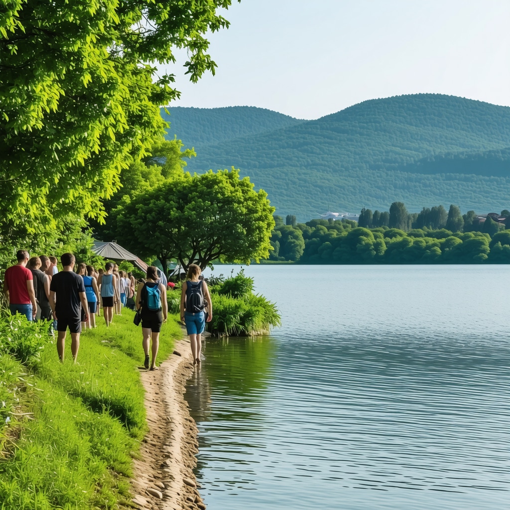 Tourists enjoying sustainable nature and cultural activities around Struga Lake surrounded by lush greenery