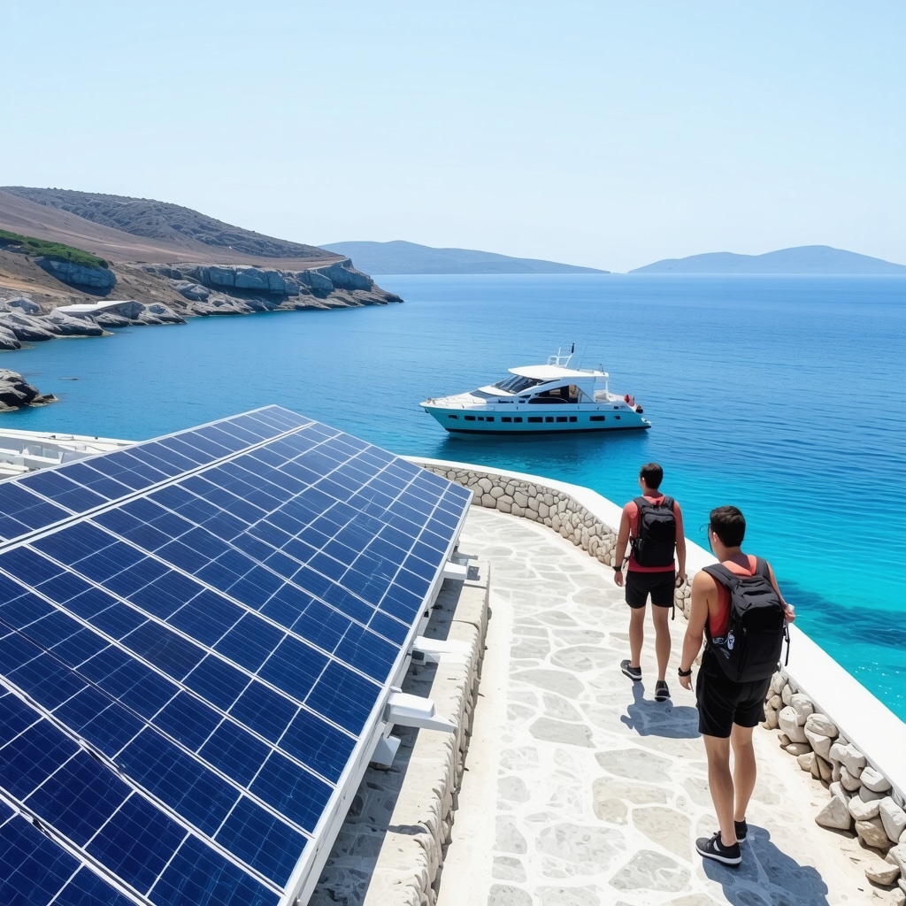 Solar panels, electric boats, and hikers with mobile apps in Mykonos natural landscape