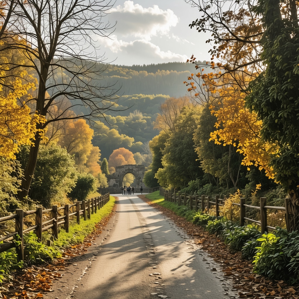 Visitors walking responsibly on a nature trail surrounded by autumn trees and historical ruins in Fruška Gora National Park