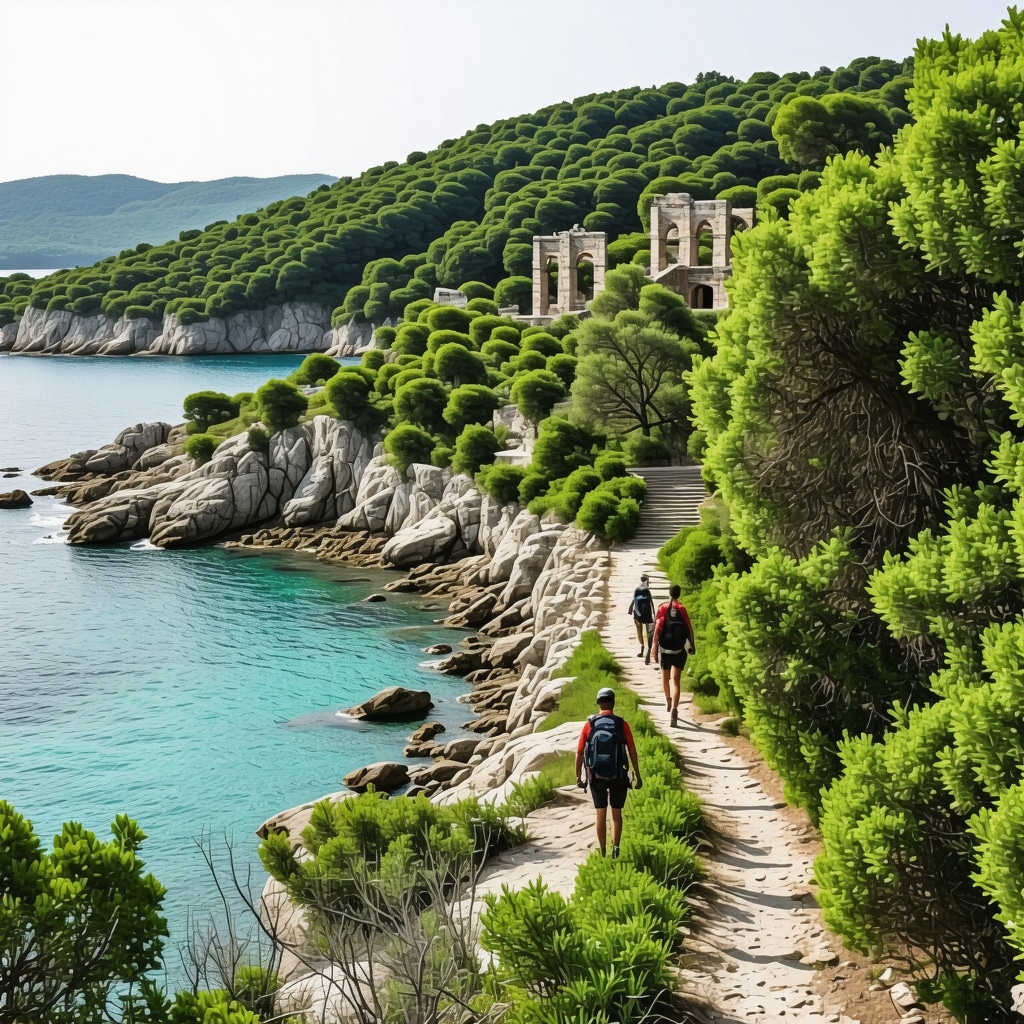 Hikers walking on a forest trail near historical ruins along Bar's coastline, Montenegro