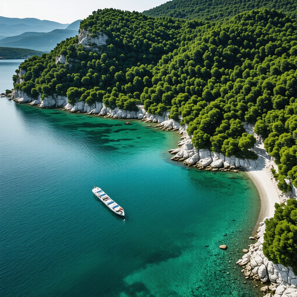 Aerial view of Tivat coastline with eco-friendly boats and green forested hills