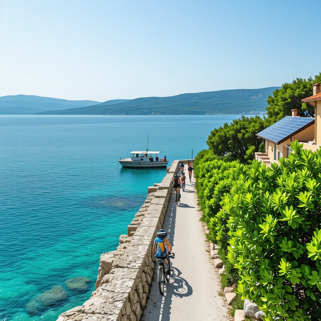 Biograd na Moru coastline showing eco-friendly tourism activities, cyclists on trails, solar panels, Adriatic sea and lush greenery