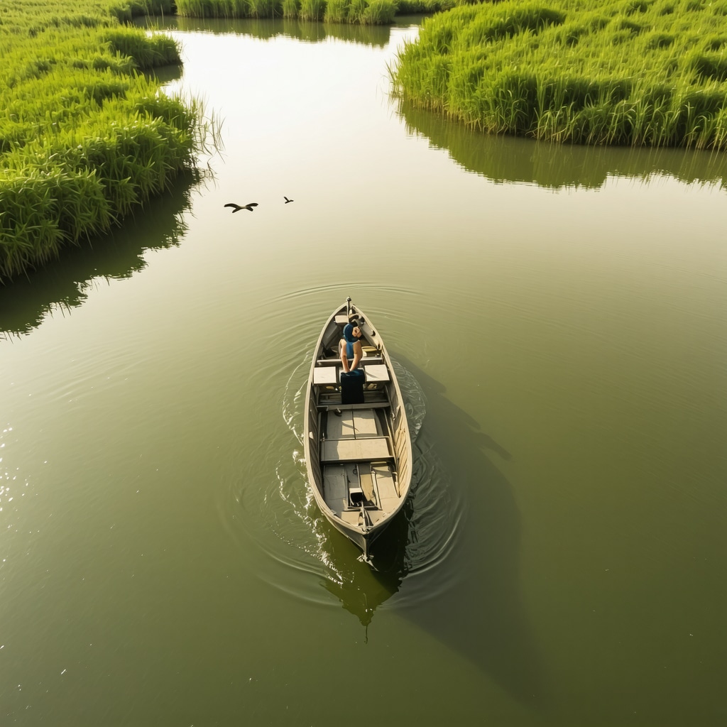 Aerial view of Danube Delta wetlands with eco-friendly boats and birds illustrating sustainable tourism in Konstansa
