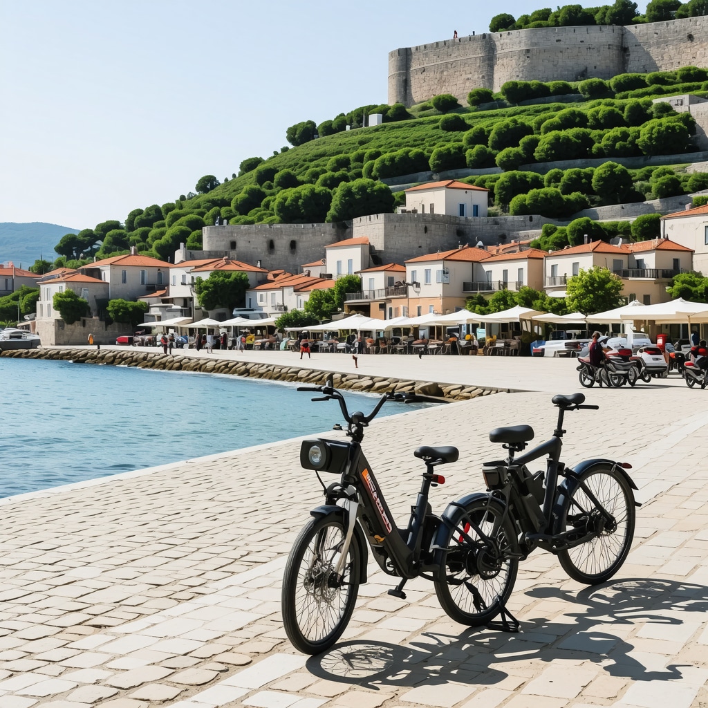 Panoramic view of Split showing ancient Roman architecture, green Marjan Hill and electric bicycles on streets
