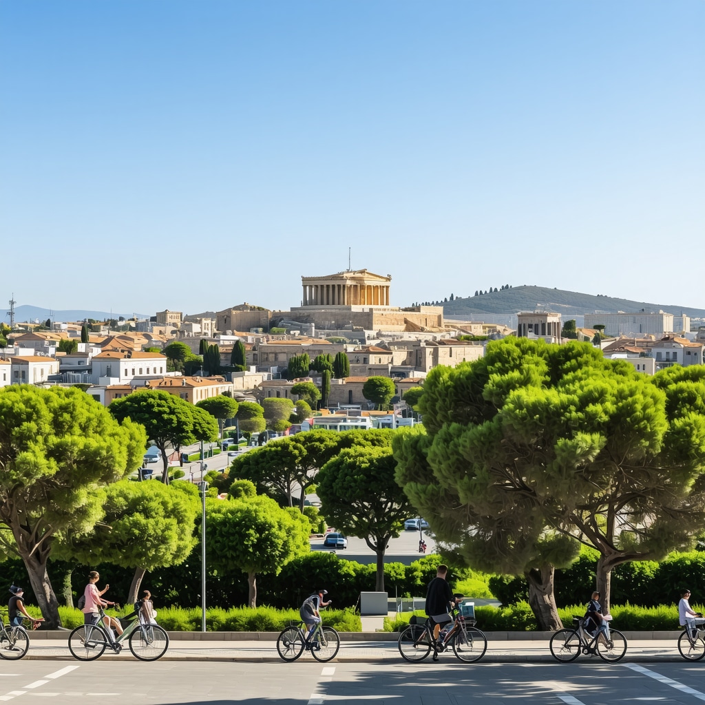 Panoramic view of Athens showing ancient ruins, green parks, and modern eco-friendly urban features