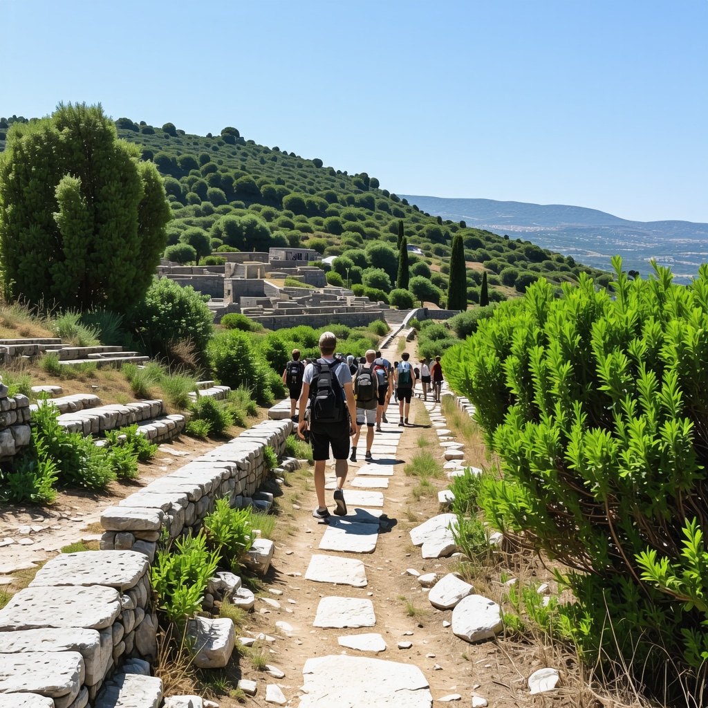 Hikers walking on a trail in Athens surrounded by ancient ruins, green trees, and local villagers